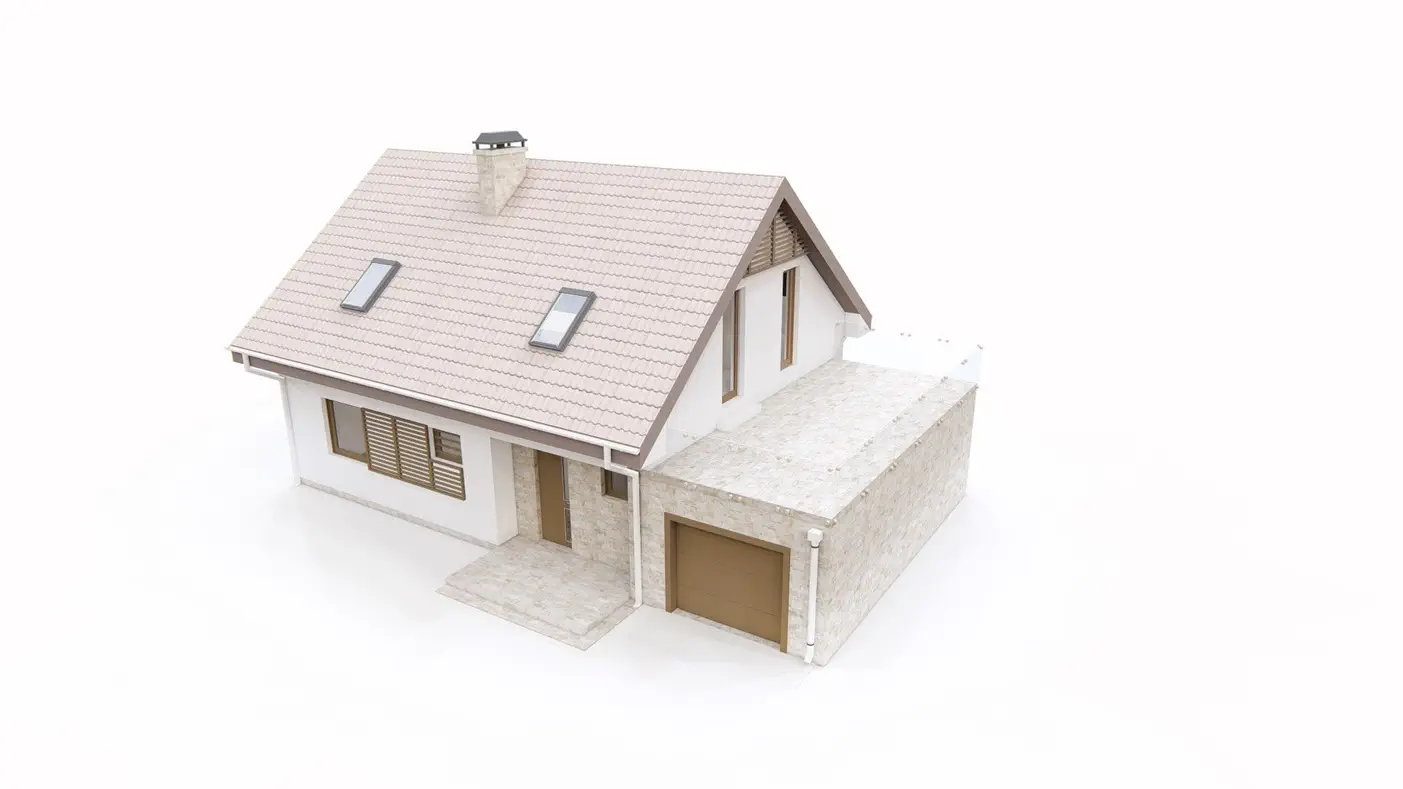 Projekt domu  - Malý a kompaktný domček s podkrovím a izbou na prízemí, terasou nad garážou.