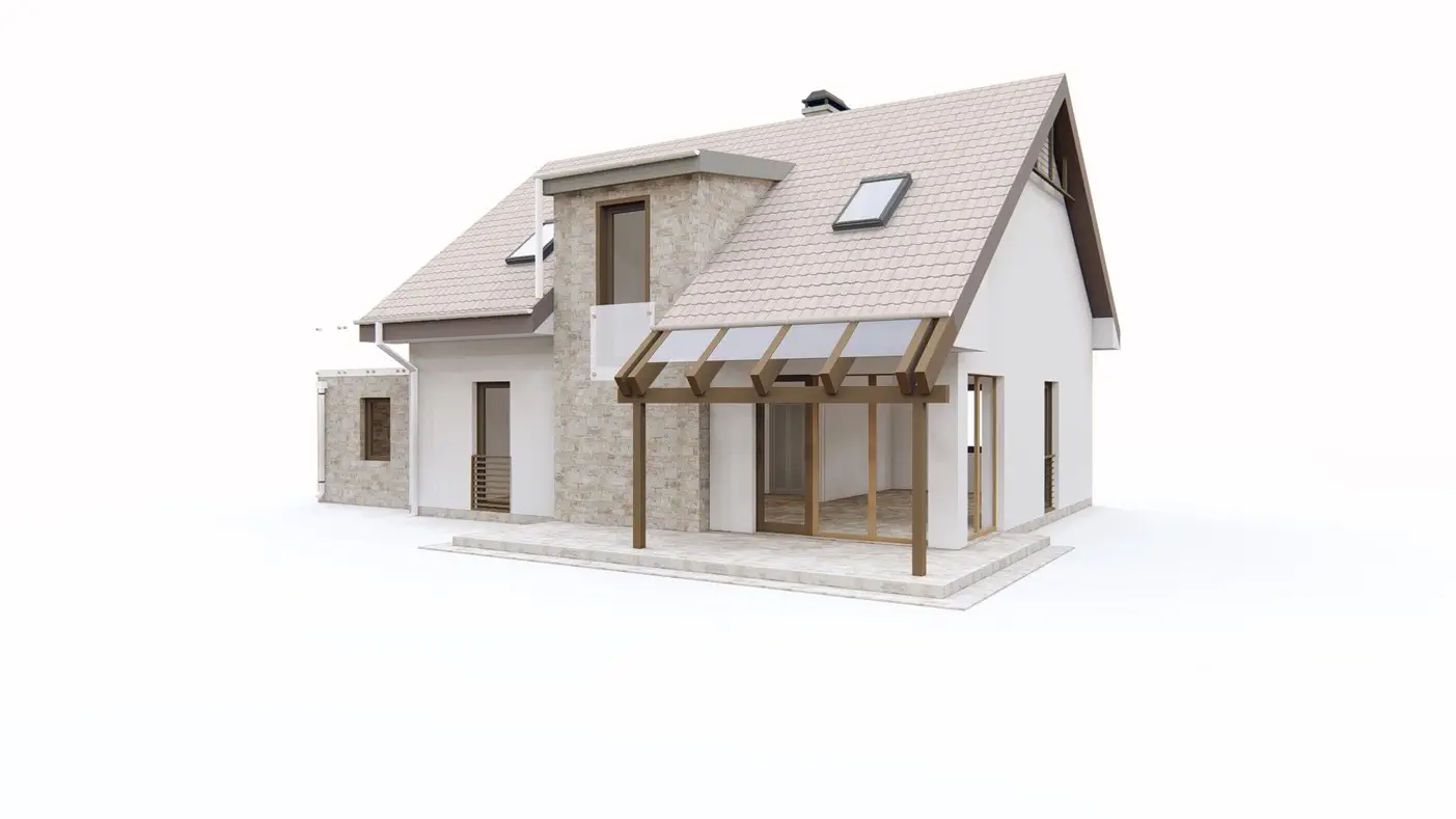 Projekt domu  - Malý a kompaktný domček s podkrovím a izbou na prízemí, terasou nad garážou.