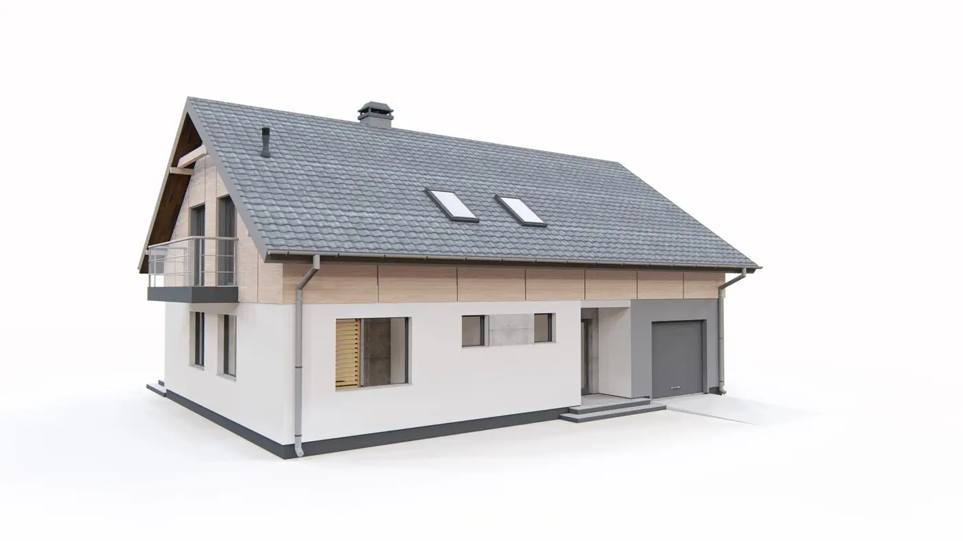 Projekt domu  - Dvojpodlažný dom s ďalšou miestnosťou na prízemí a garážou,  sedlová strecha.