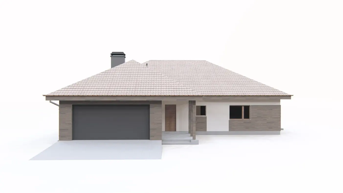 Projekt domu  - Jednoposchodový komfortný rodinný dom s krytou terasou a garážou pre dve autá.