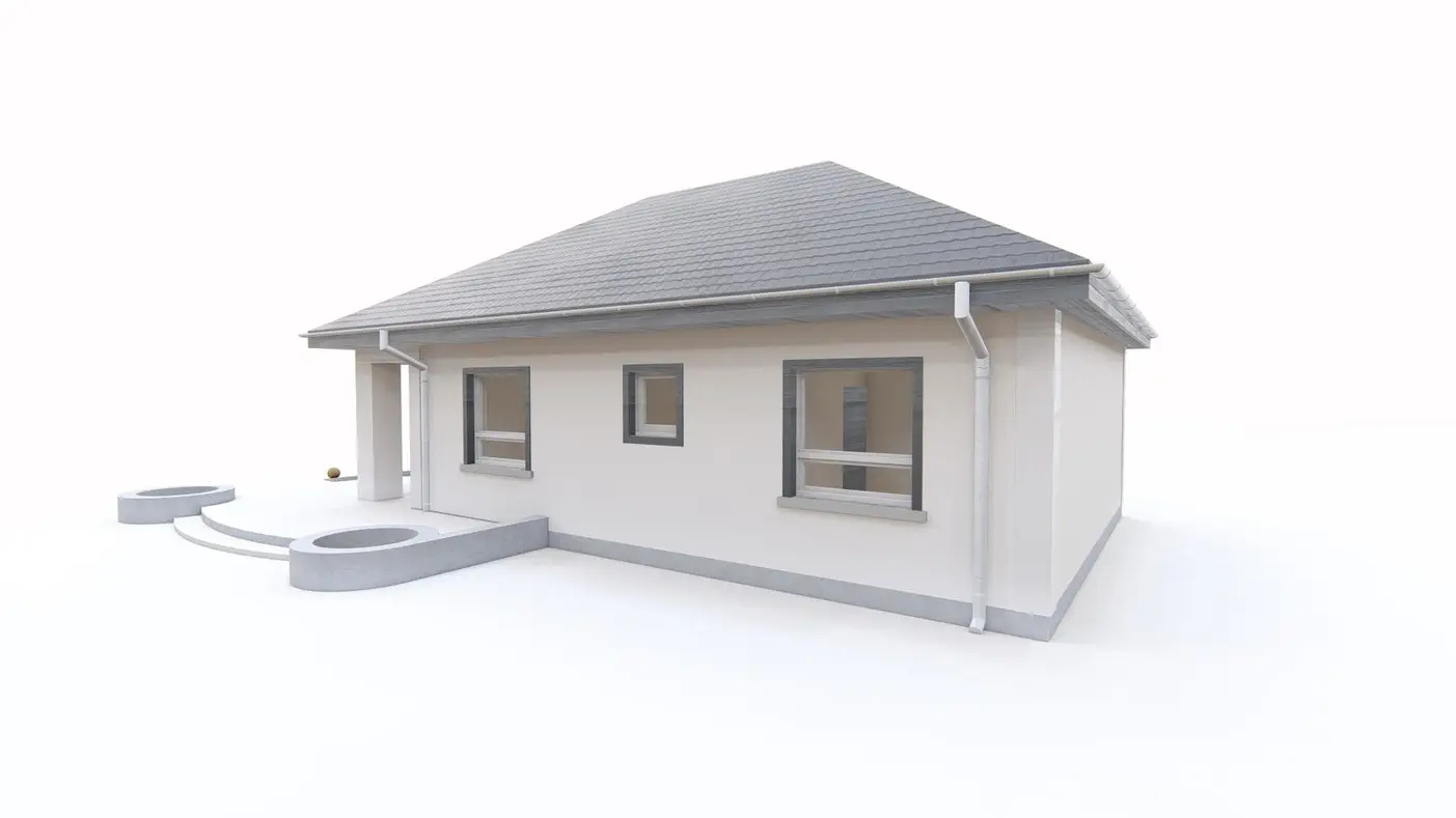 Projekt domu  - Malý jednopodlažný dom do L, tri izby, obývačka s výstupom na krytú terasu.