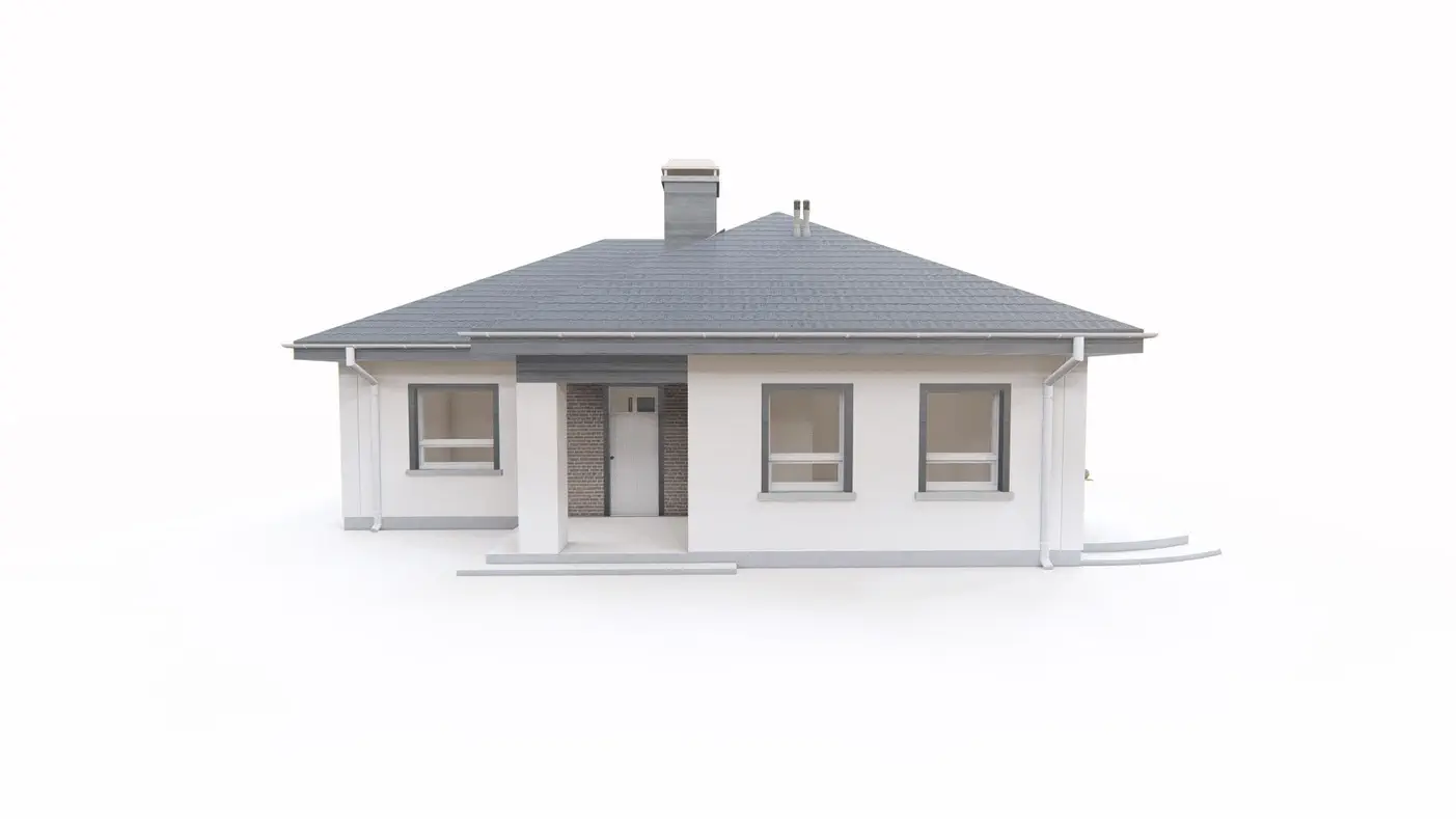 Projekt domu  - Malý jednopodlažný dom do L, tri izby, obývačka s výstupom na krytú terasu.