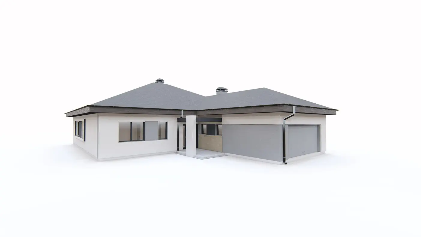 Projekt domu  - Funkčný jednopodlažný dom s veľkou obývacou izbou a garážou pre dve autá.