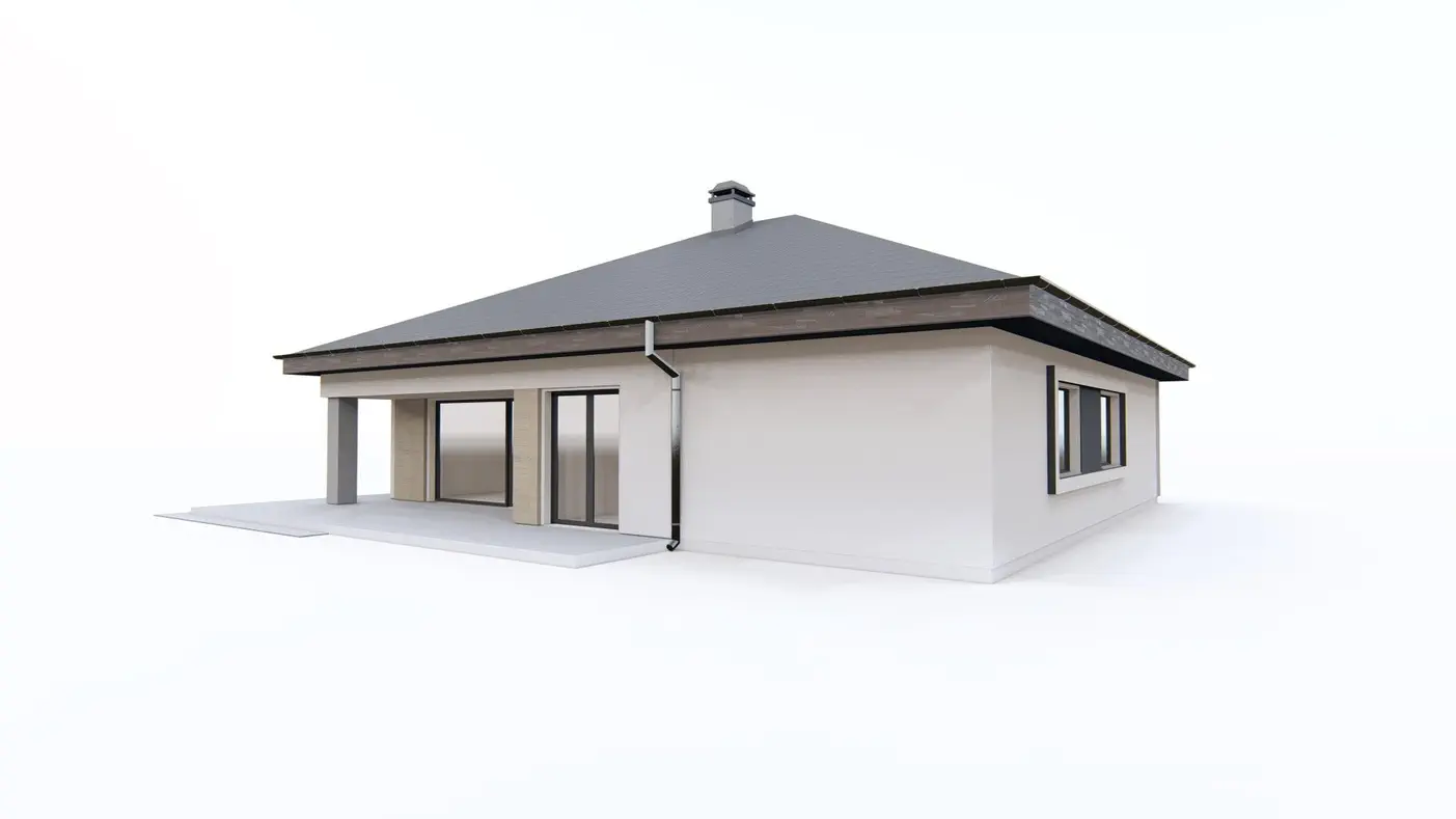 Projekt domu  - Funkčný jednopodlažný dom s veľkou obývacou izbou a garážou pre dve autá.