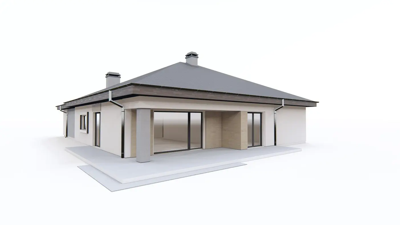 Projekt domu  - Funkčný jednopodlažný dom s veľkou obývacou izbou a garážou pre dve autá.