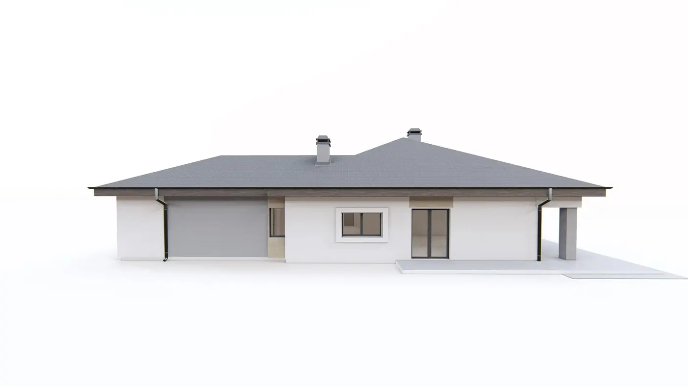 Projekt domu  - Funkčný jednopodlažný dom s veľkou obývacou izbou a garážou pre dve autá.