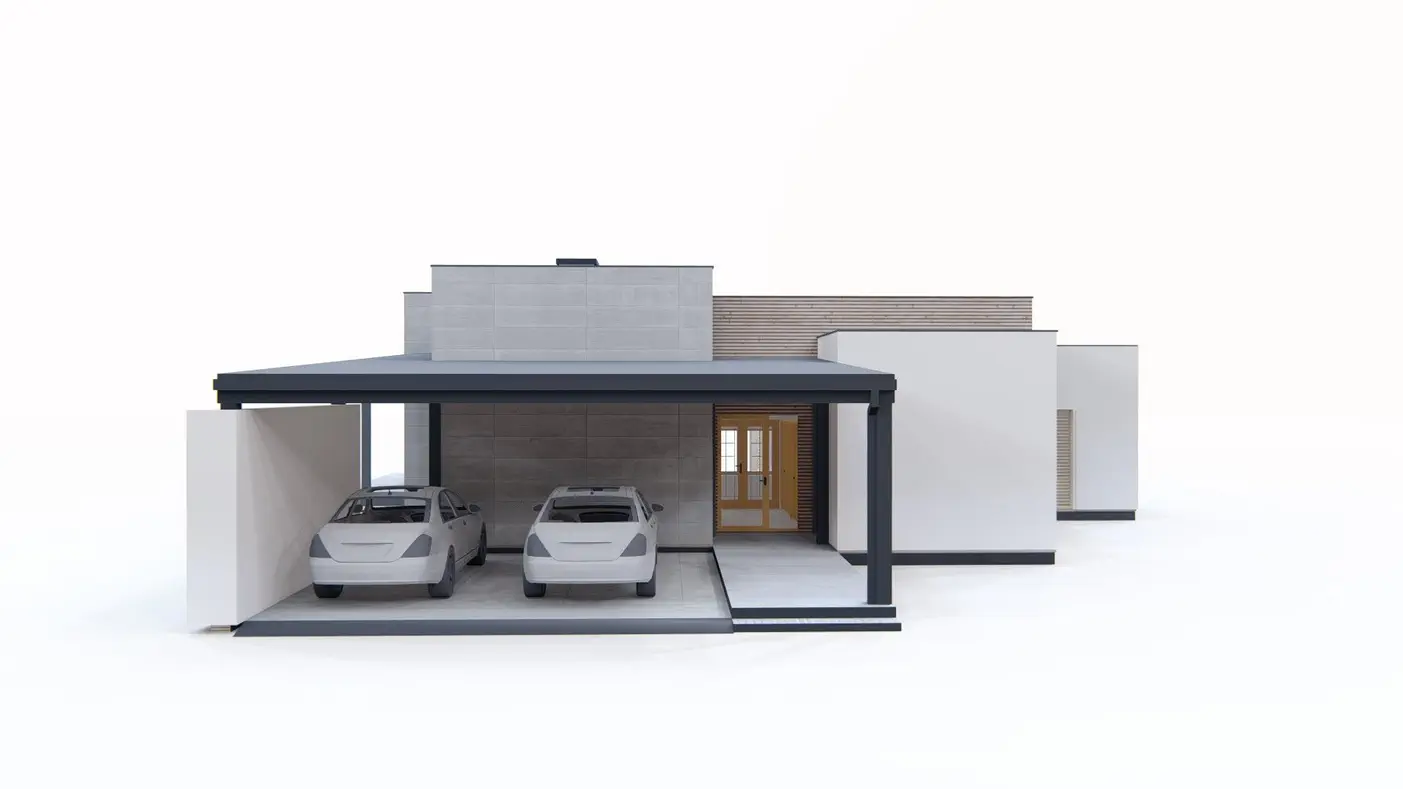Projekt domu  - Moderný jednopodlažný dom s prístreškom pre auto v jedinečnom dizajne