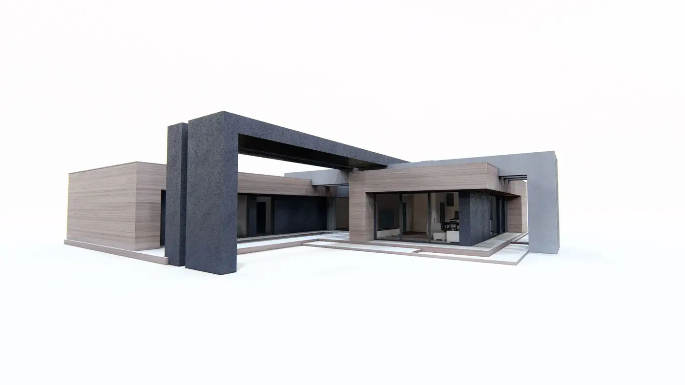Projekt domu  - Moderný jednopodlažný dom s pôdorysom U a obytnou plochou 155 m2.