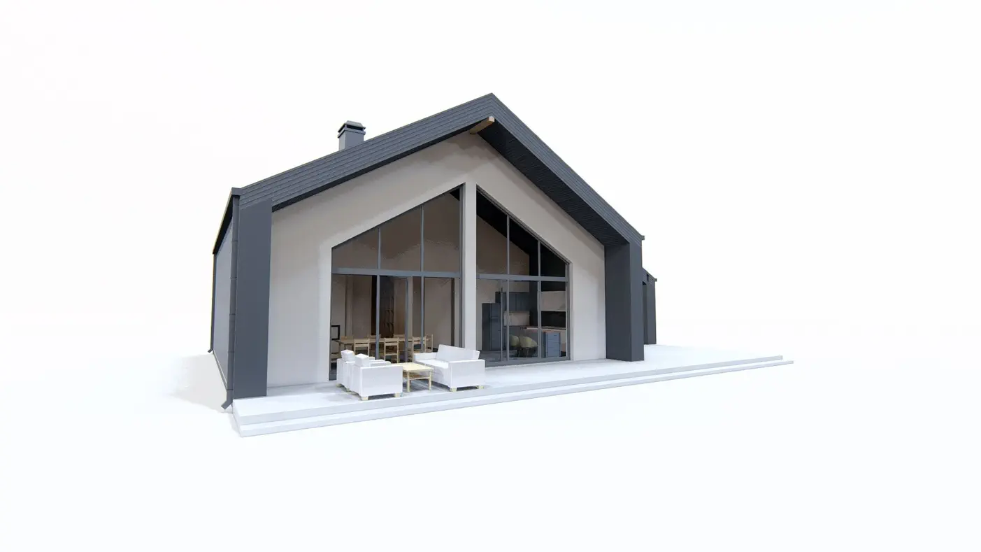 Projekt domu  - Dom s vysokou obývacou izbou, samostatnou spálňou, veľkým presklením