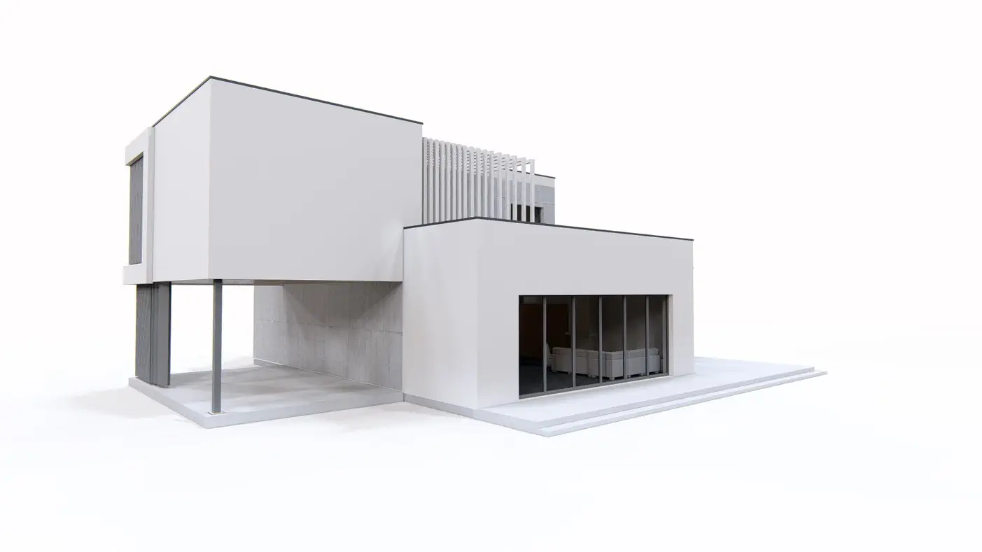 Projekt domu  - Moderný dom s priestrannou obývacou izbou a veľkou terasou na prvom poschodí
