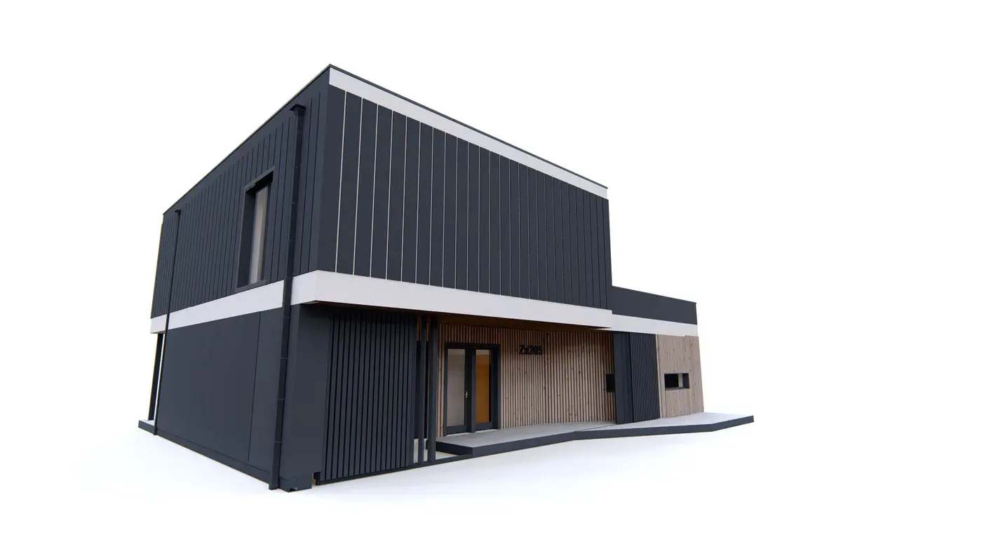 Projekt domu  - Moderný dom s priestrannou obývacou izbou, veľkou spálňou s krbom a terasou