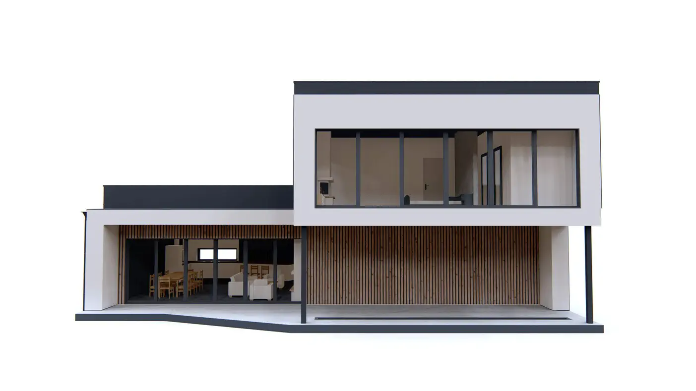 Projekt domu  - Moderný dom s priestrannou obývacou izbou, veľkou spálňou s krbom a terasou