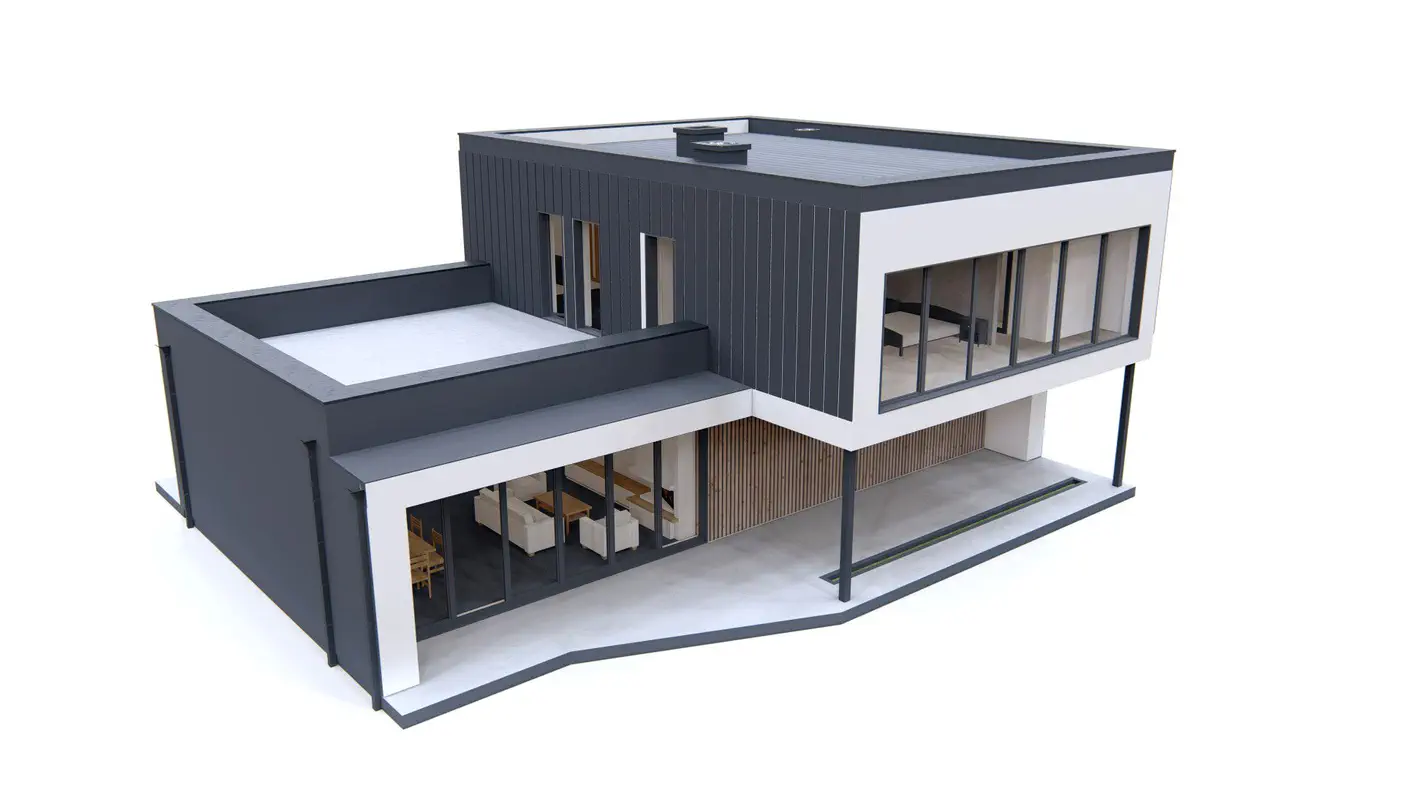 Projekt domu  - Moderný dom s priestrannou obývacou izbou, veľkou spálňou s krbom a terasou