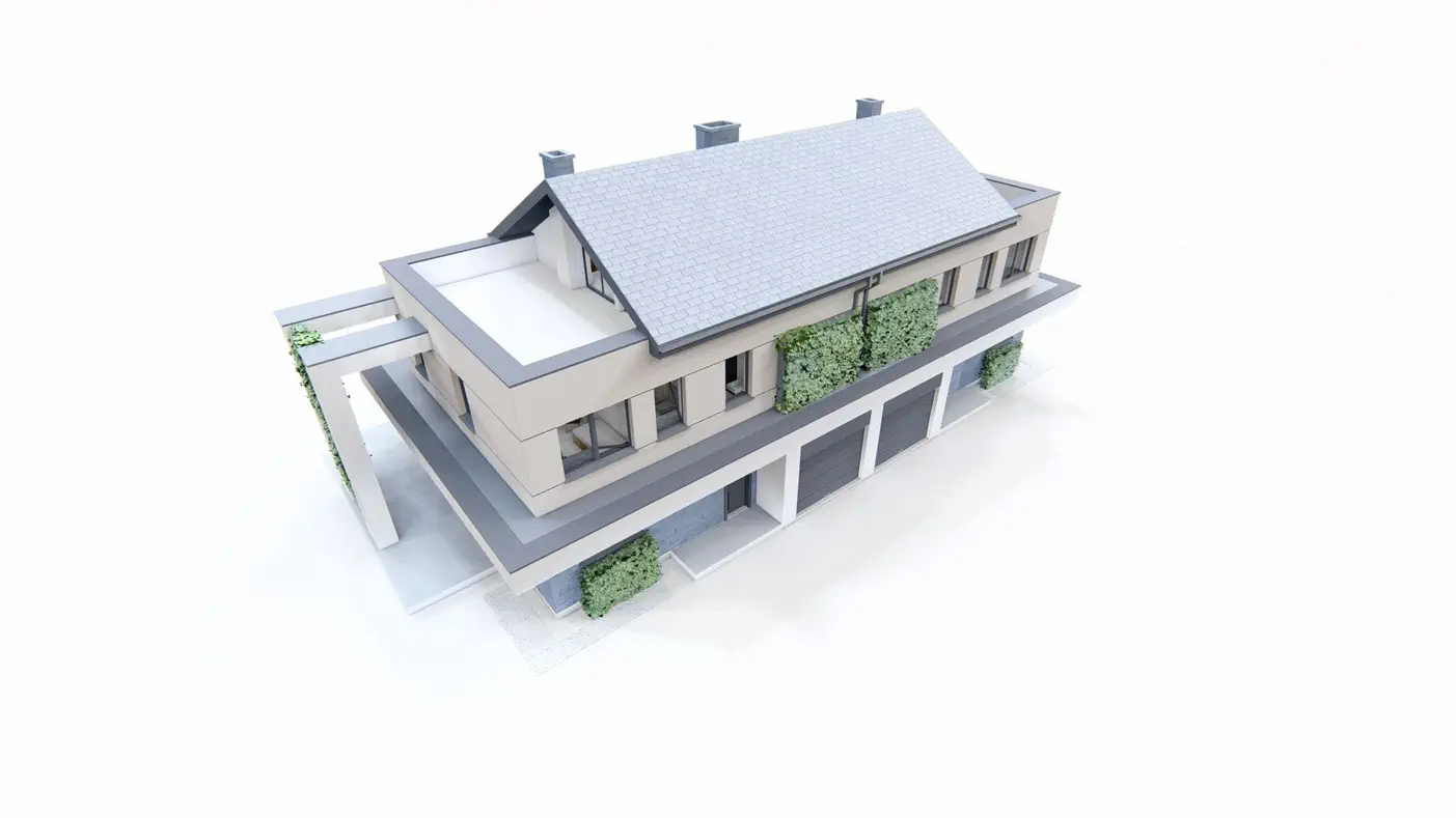 Projekt domu  - Dvojpodlažný 3-podlažný dom s garážou, 3 spálňami a oddychovou miestnosťou.