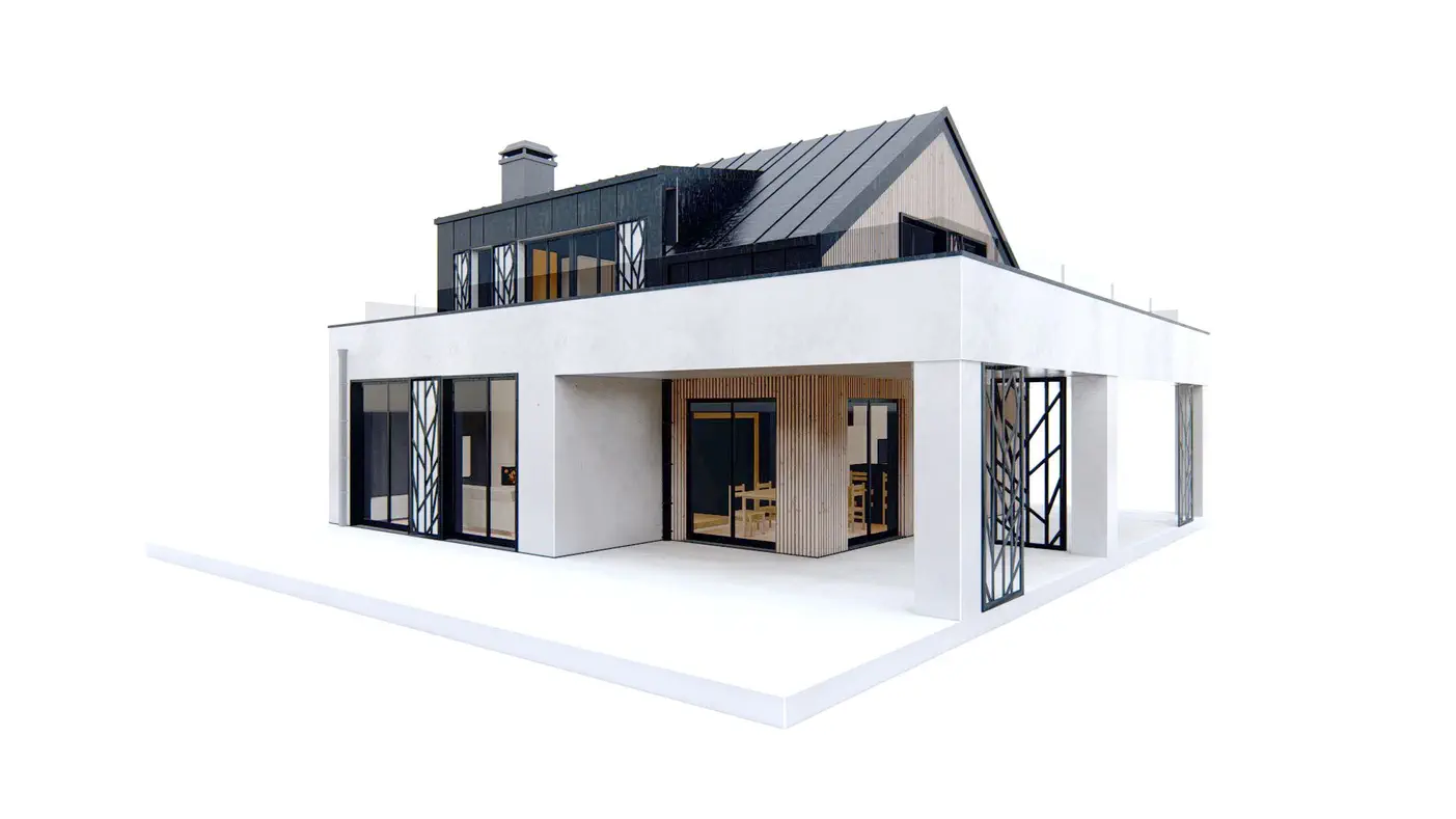 Projekt domu  - Moderný dvojdom s priestranným obývacím priestorom a veľkou terasou.