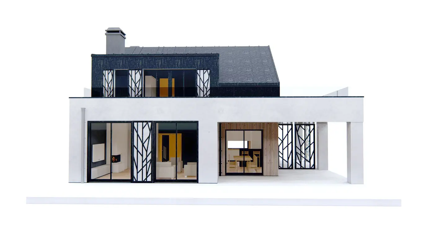 Projekt domu  - Moderný dvojdom s priestranným obývacím priestorom a veľkou terasou.