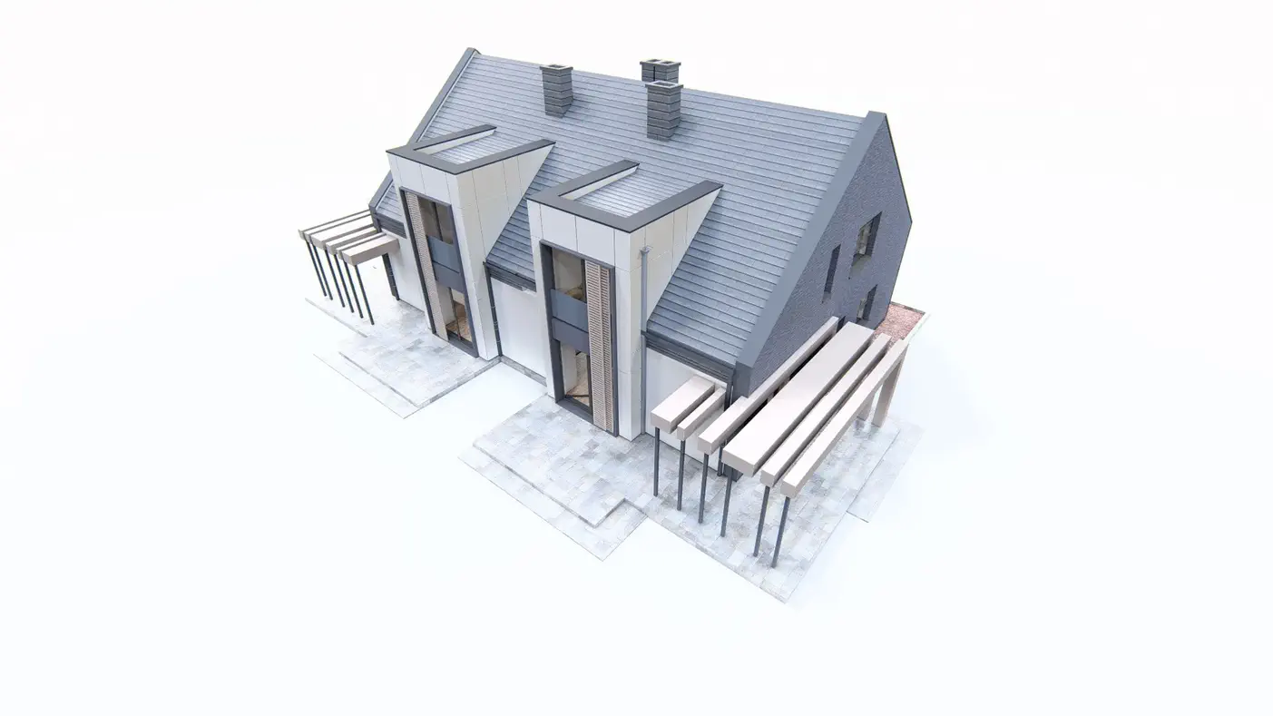 Projekt domu  - Dvojdom s rozlohou približne 120 m2 s modernými vikiermi.
