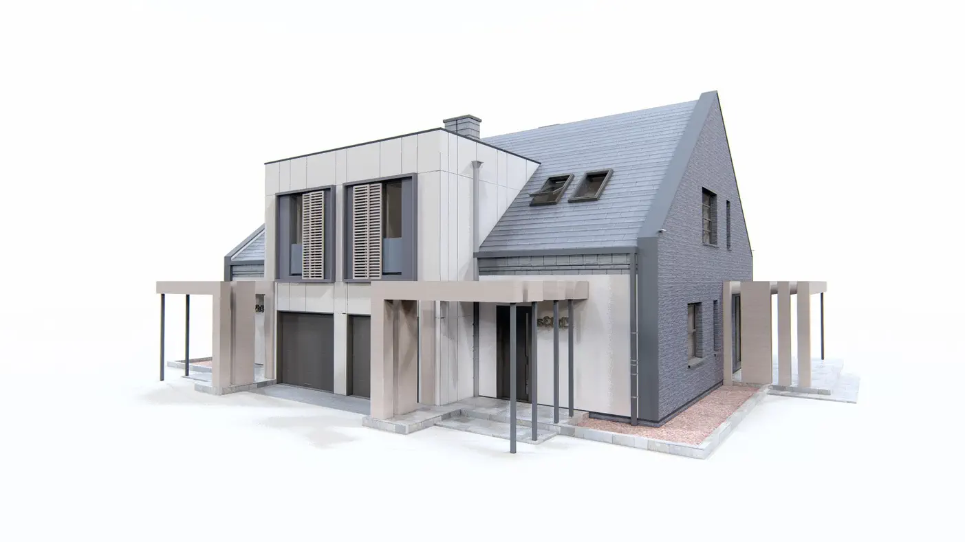 Projekt domu  - Dvojdom s rozlohou približne 120 m2 s modernými vikiermi.
