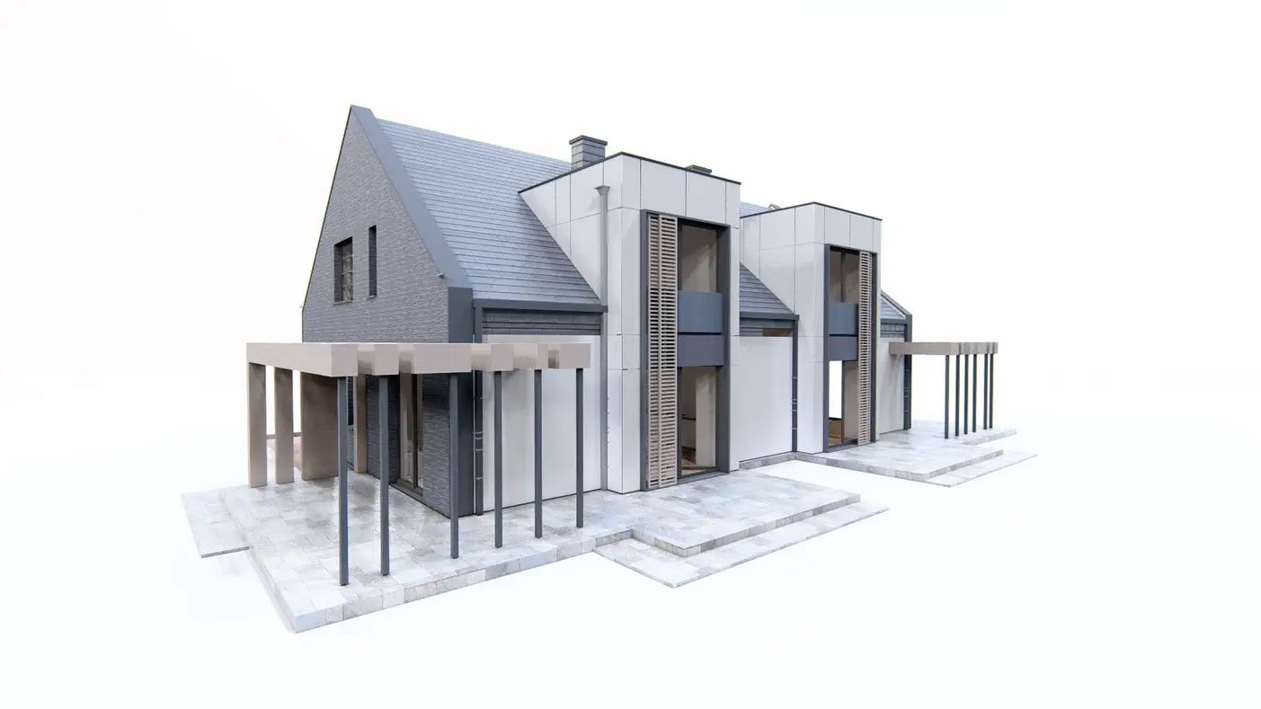 Projekt domu  - Dvojdom s rozlohou približne 120 m2 s modernými vikiermi.