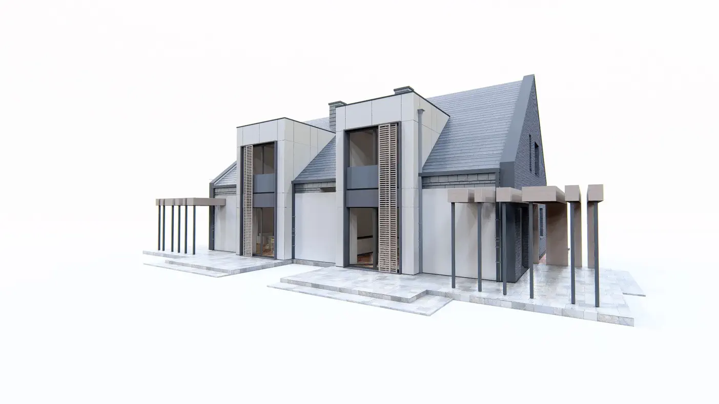 Projekt domu  - Dvojdom s rozlohou približne 120 m2 s modernými vikiermi.