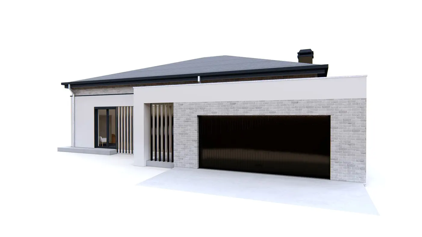 Projekt domu  - Moderný jednopodlažný dom so 4 spálňami a garážou pre 2 autá.