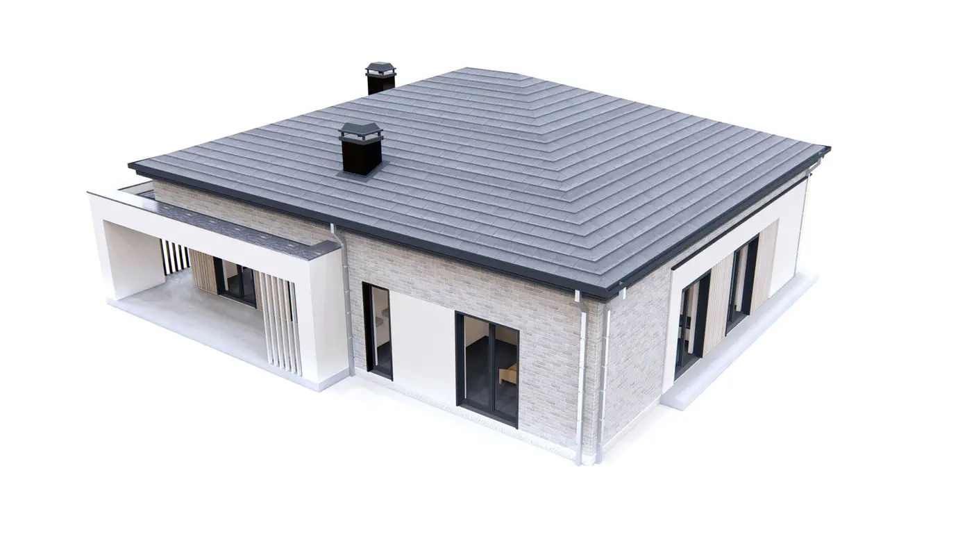 Projekt domu  - Moderný jednopodlažný dom so 4 spálňami a garážou pre 2 autá.
