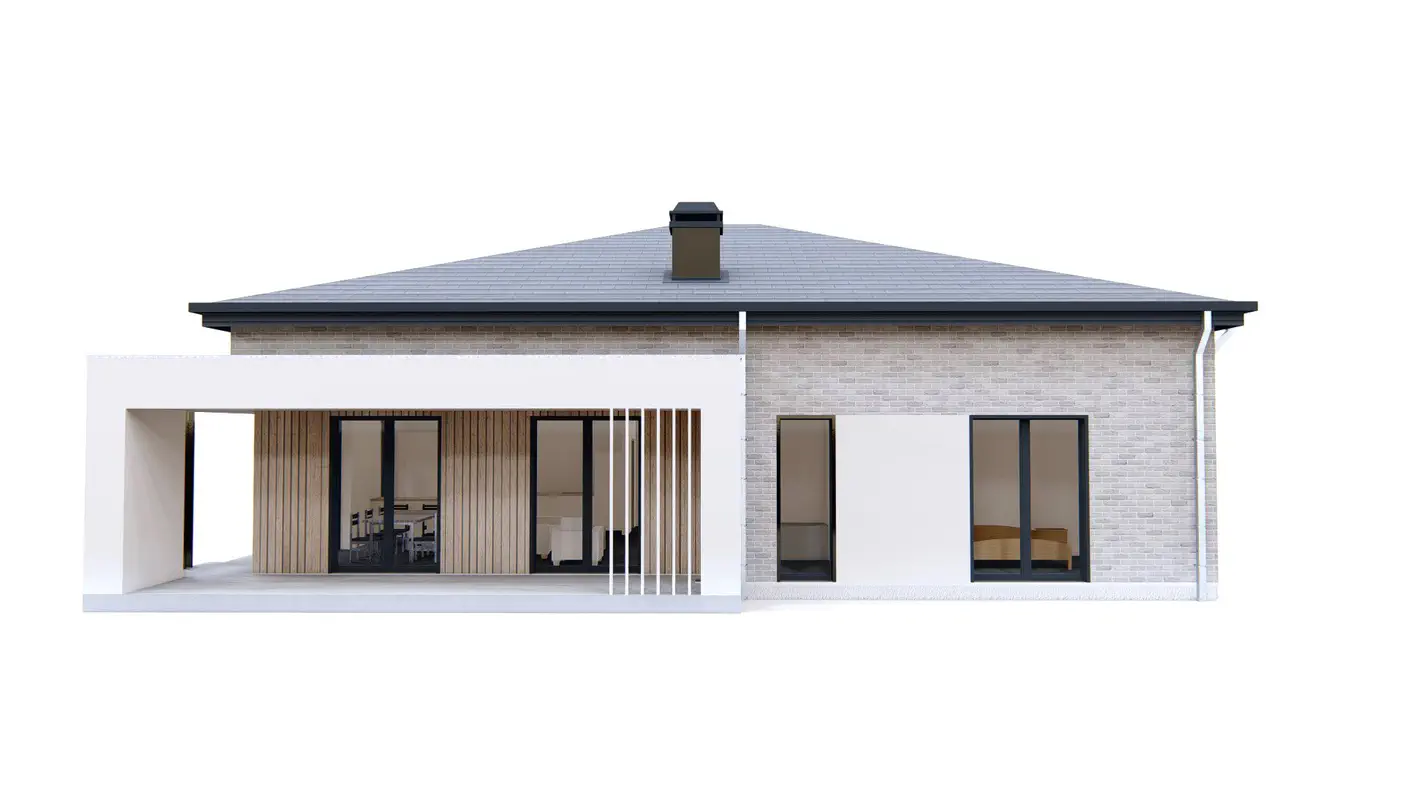Projekt domu  - Moderný jednopodlažný dom so 4 spálňami a garážou pre 2 autá.