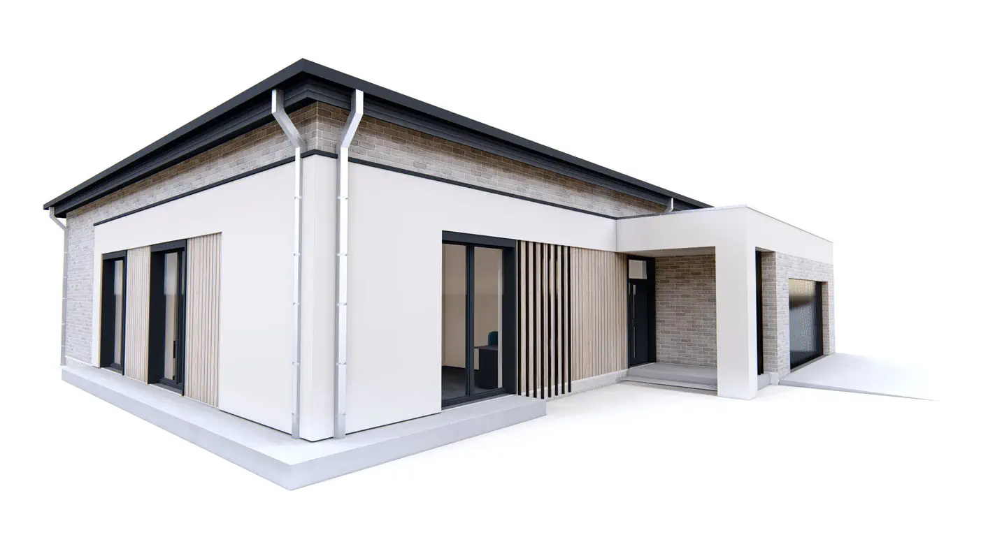 Projekt domu  - Moderný jednopodlažný dom so 4 spálňami a garážou pre 2 autá.