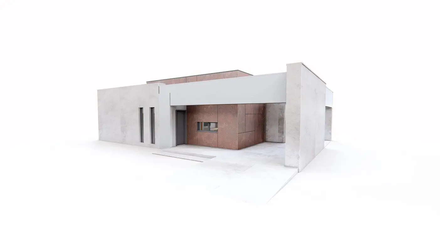 Projekt domu  - Moderný jednopodlažný dom s malou rozlohou a priestrannou terasou.