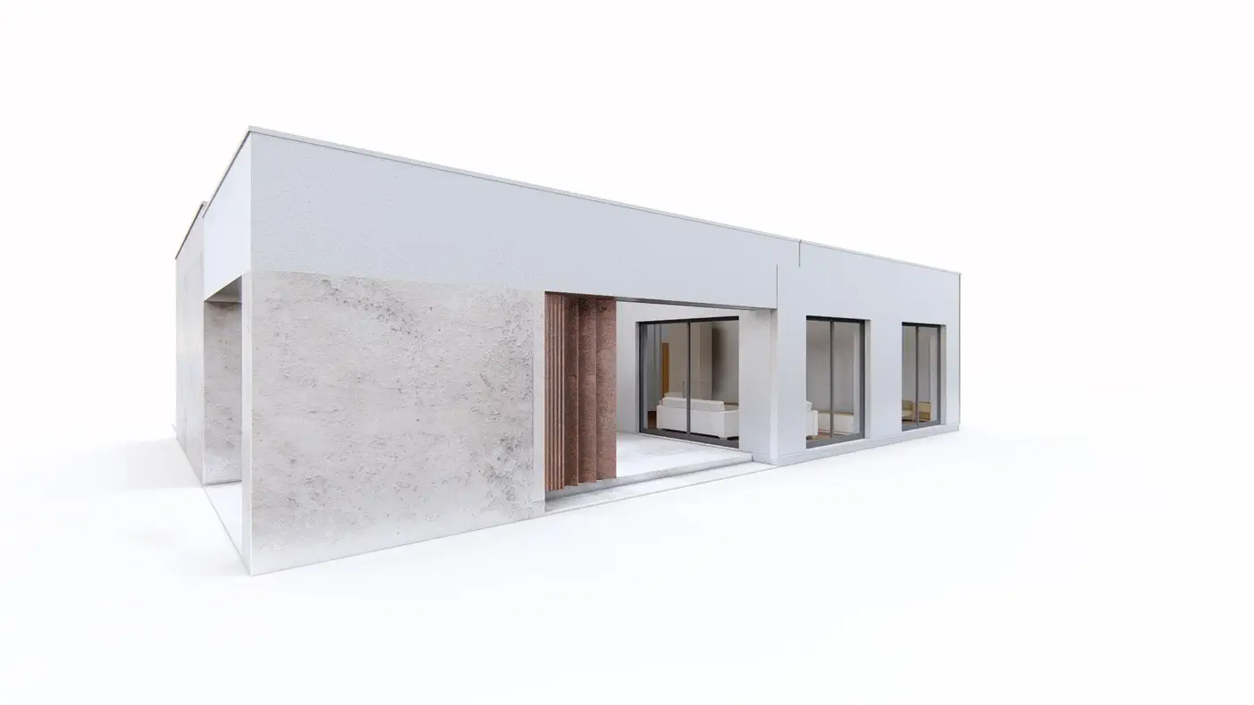 Projekt domu  - Moderný jednopodlažný dom s malou rozlohou a priestrannou terasou.