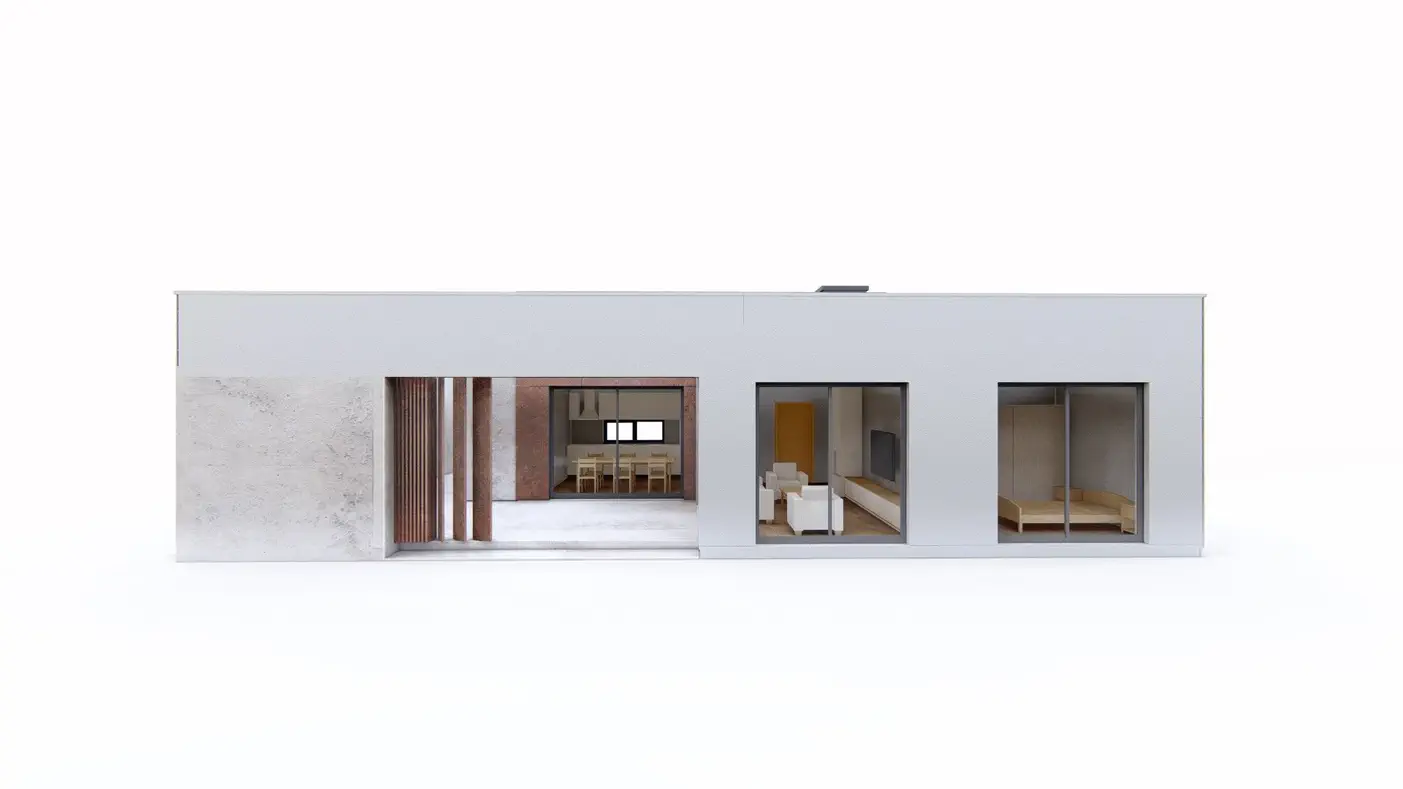 Projekt domu  - Moderný jednopodlažný dom s malou rozlohou a priestrannou terasou.