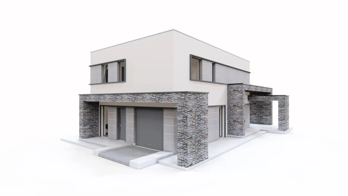 Projekt domu  - Moderný jednopodlažný dom s plochou strechou, garážou a pracovňou na prízemí.