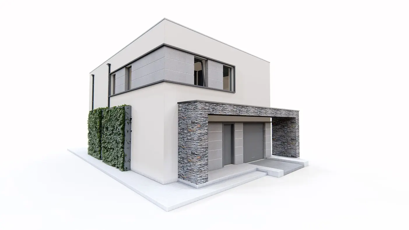Projekt domu  - Moderný jednopodlažný dom s plochou strechou, garážou a pracovňou na prízemí.