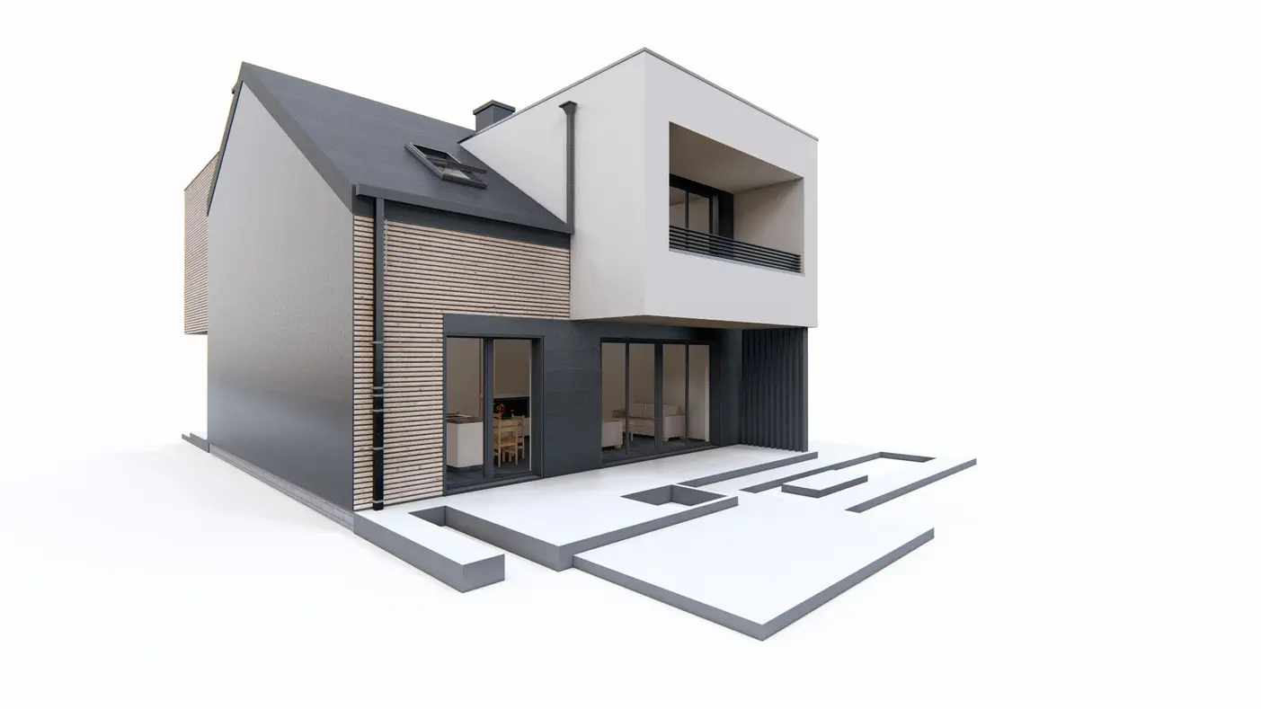 Projekt domu  - Radový alebo dvojdom s modernými vikiermi a garážou.