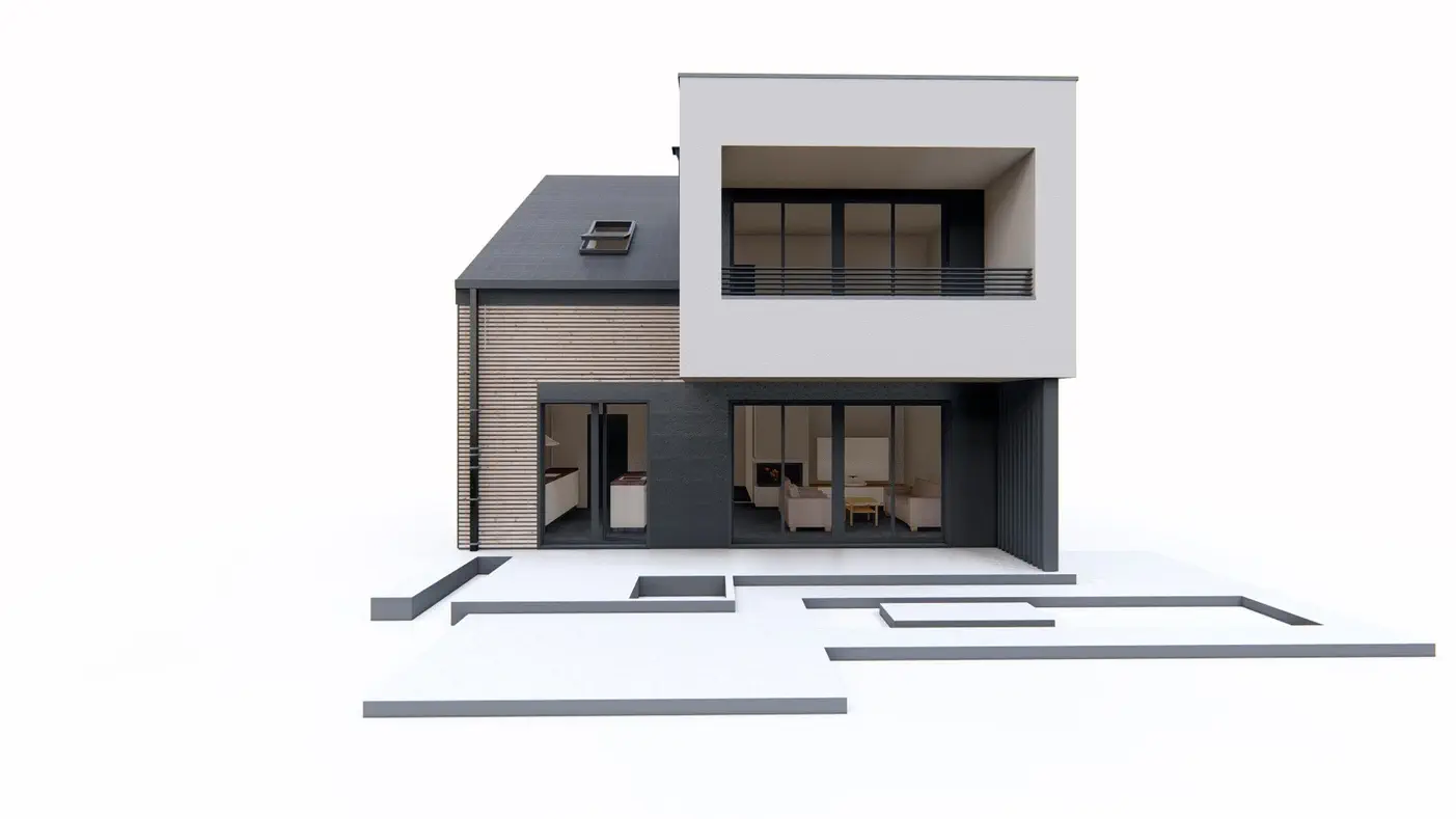 Projekt domu  - Radový alebo dvojdom s modernými vikiermi a garážou.