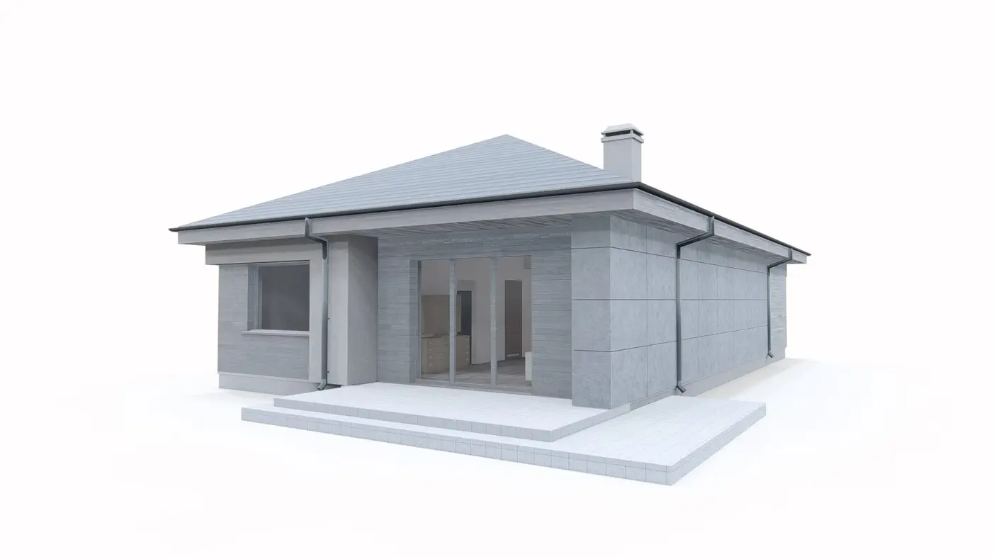 Projekt domu  - Dom na úzkom pozemku do 100 m2 s obálkovou strechou, dve spálne, šatňa.
