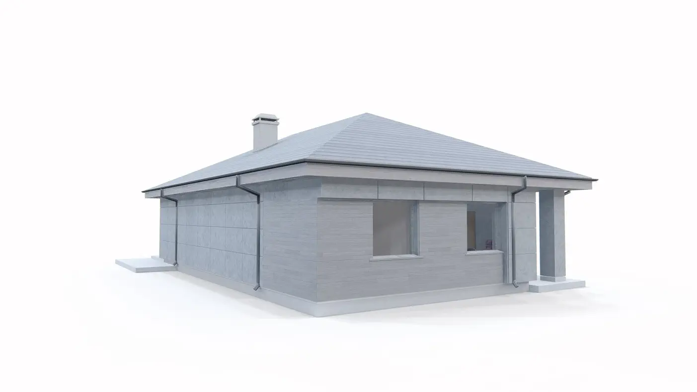 Projekt domu  - Dom na úzkom pozemku do 100 m2 s obálkovou strechou, dve spálne, šatňa.