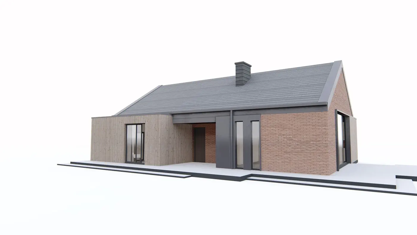 Projekt domu  - Podlhovastý dom s modernými prvkami a malým podkrovím.