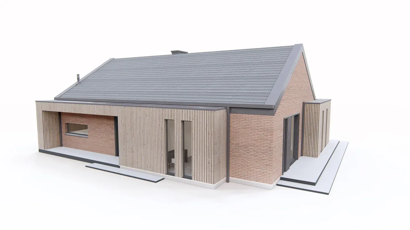 Projekt domu  - Podlhovastý dom s modernými prvkami a malým podkrovím.