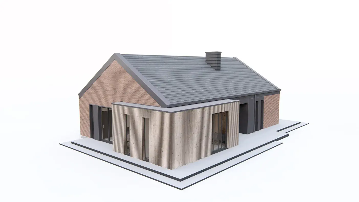 Projekt domu  - Podlhovastý dom s modernými prvkami a malým podkrovím.
