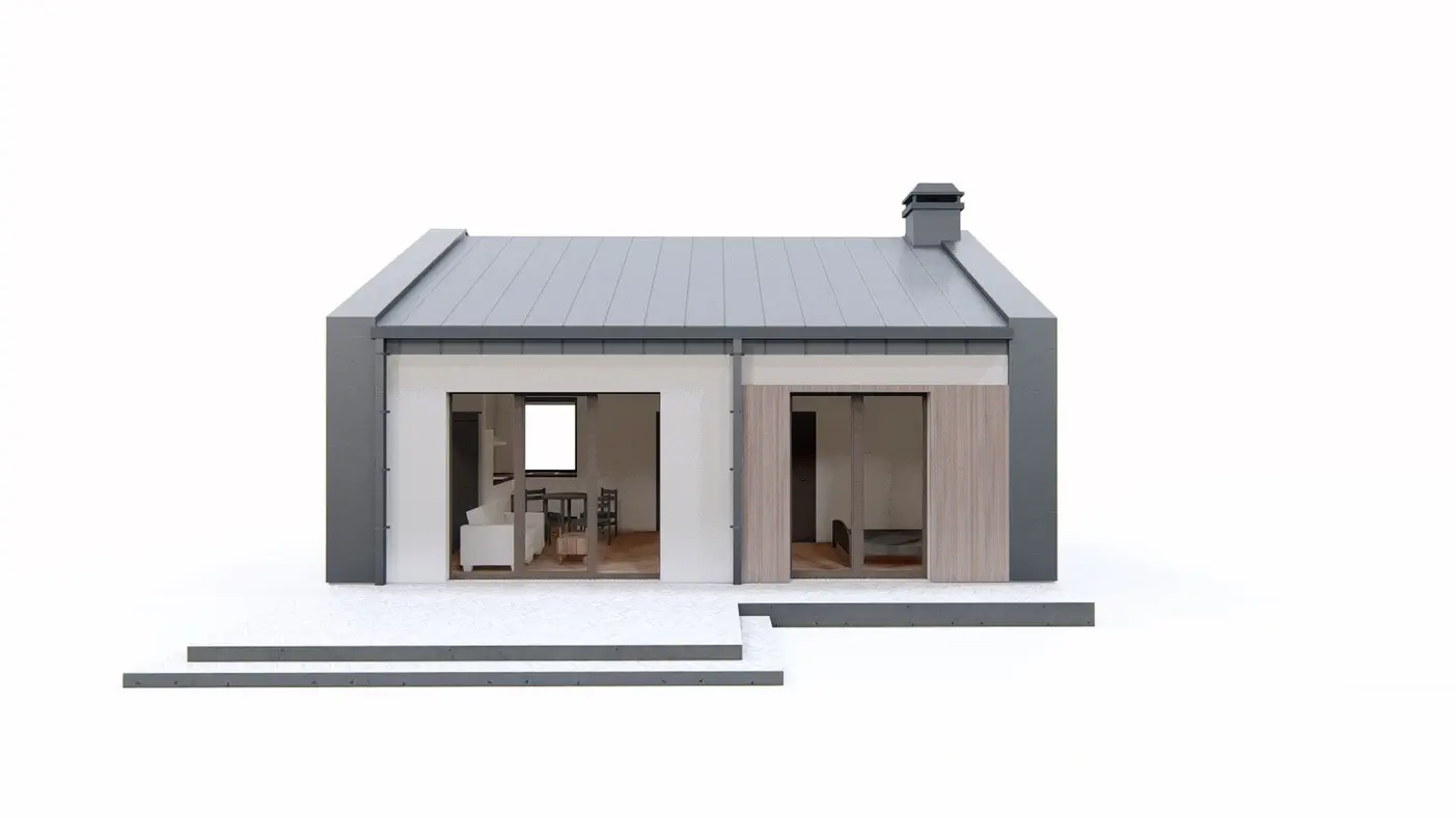 Projekt domu  - Jednoduchý, malý domček s rozlohou asi 50 m2 s dvojplášťovou strechou, 2 izbami