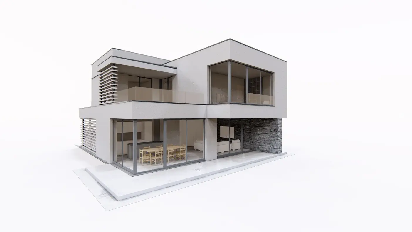 Projekt domu  - Nádherný dvojpodlažný dom s plochou strechou a prístreškom pre auto