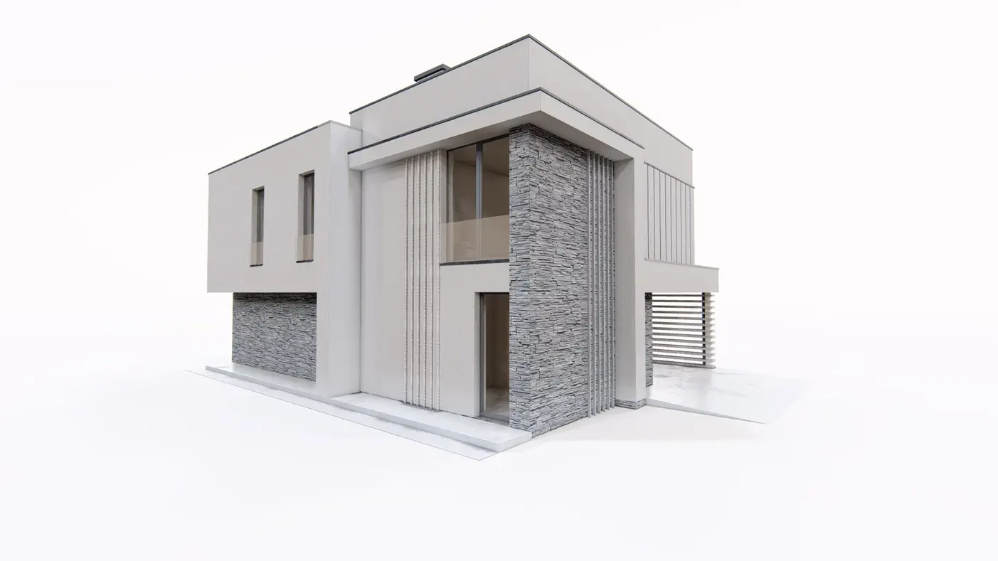 Projekt domu  - Nádherný dvojpodlažný dom s plochou strechou a prístreškom pre auto