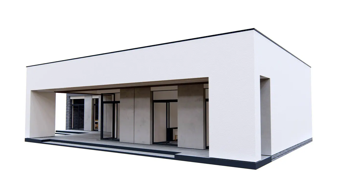Projekt domu  - Moderný jednopodlažný dom s garážou pre 2 autá a krytou veľkou terasou