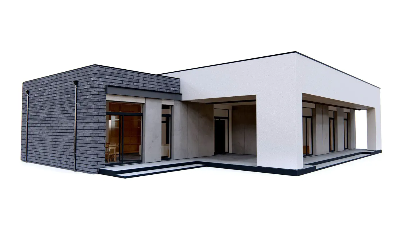 Projekt domu  - Moderný jednopodlažný dom s garážou pre 2 autá a krytou veľkou terasou