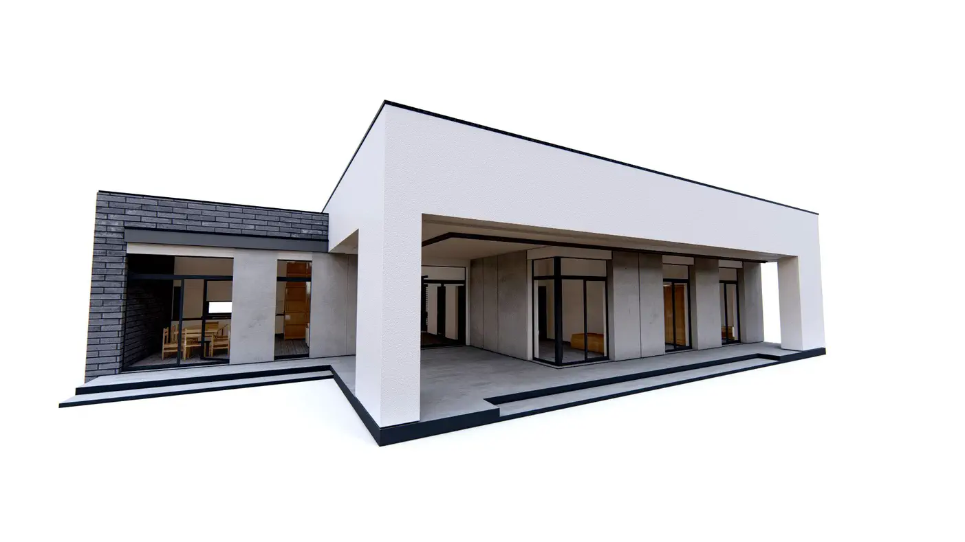 Projekt domu  - Moderný jednopodlažný dom s garážou pre 2 autá a krytou veľkou terasou