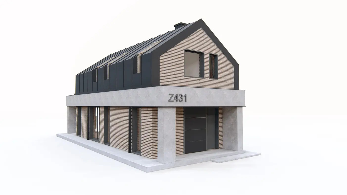 Projekt domu  - Moderný dom na úzkom pozemku s vysokým kolenným múrom.