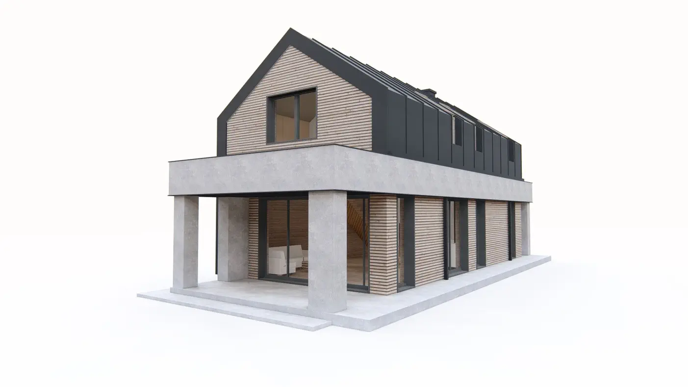 Projekt domu  - Moderný dom na úzkom pozemku s vysokým kolenným múrom.