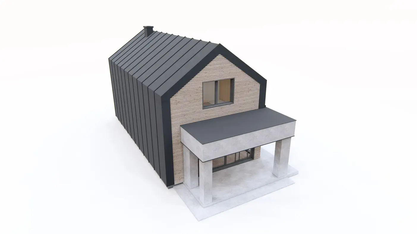 Projekt domu  - Moderný dom na úzkom pozemku s vysokým kolenným múrom.