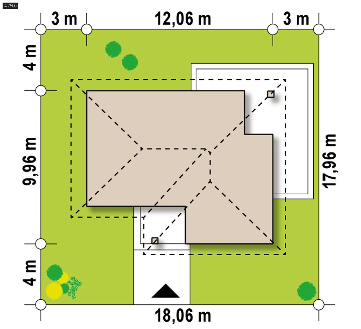 Projekt domu  - Malý jednopodlažný dom do L, tri izby, obývačka s výstupom na krytú terasu.